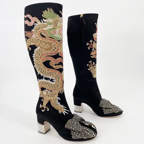 Gucci Black Silk Satin Candy Dragon Embroidered Crystal Bow Heeled Boot EU 37 - Picture 2 of 16